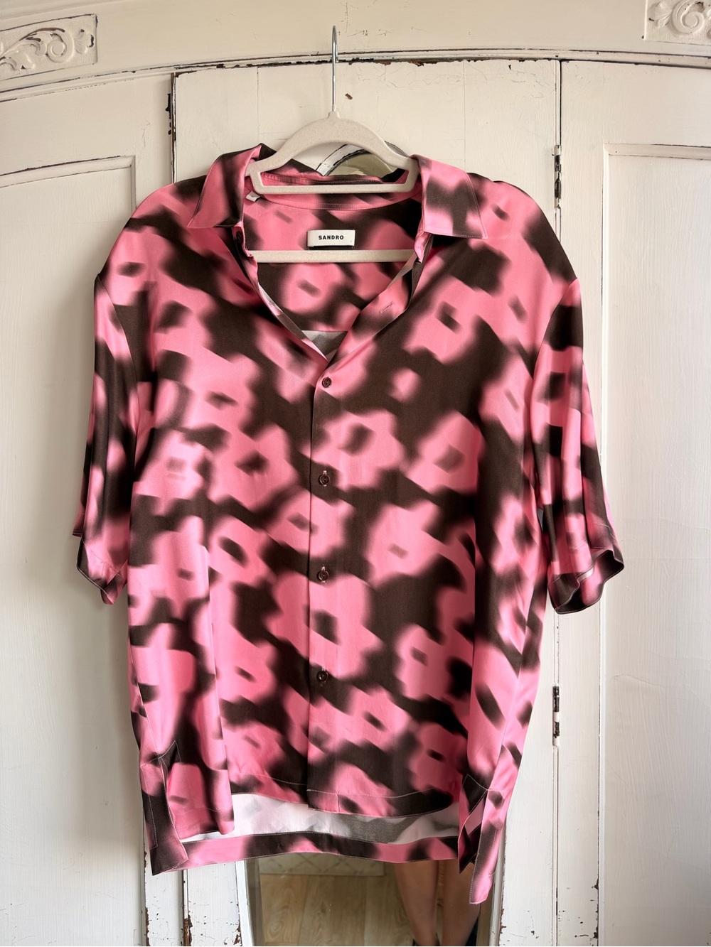 Sandro Pink & Brown Abstract Print Short Sleeve Button-Up Top